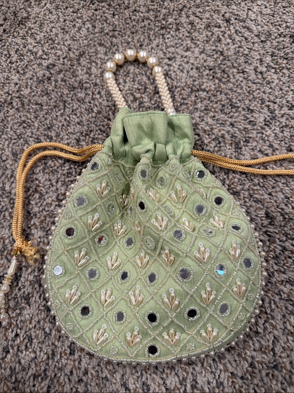 Green Embroidered Drawstring Evening Bag with Pearl Handle